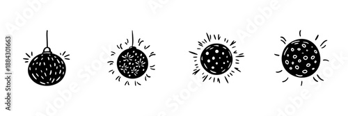 Hanging Decorative Ornaments In Hand Drawn Style Set. Festive Holiday Decoration, Christmas Baubles, Celebration Doodle Sketch Collection. Seasonal Cheer. Isolated Vector Illustration