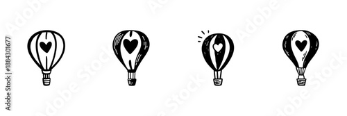 Hot Air Balloon With Heart In Hand Drawn Style Set. Romantic Adventure, Love Journey, Travel Inspiration Doodle Sketch Collection. Whimsical Exploration. Isolated Vector Illustration