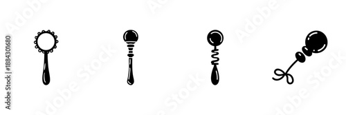Baby Rattles In Hand Drawn Style Set. Infant Toys, Early Childhood Development, Sensory Play Doodle Sketch Collection. Playful And Educational Tools. Isolated Vector Illustration