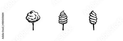 Cotton Candy And Ice Cream Cones In Hand Drawn Style Set. Sweet Treats, Dessert, Confectionery Doodle Sketch Collection. Fun And Whimsical. Isolated Vector Illustration