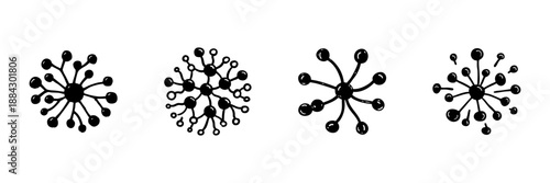 Abstract Molecular Structure Icons In Hand Drawn Style Set. Scientific Network, Chemical Bonding, And Microbiology Doodle Sketch Collection. Isolated Vector Illustration
