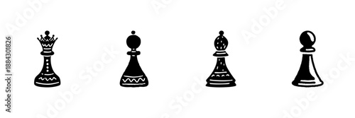 Chess Pieces In Hand Drawn Style Set. Strategic Thinking, Game Planning, Intellectual Challenge Doodle Sketch Collection. Isolated Vector Illustration