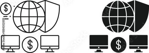 Global online payment security icon set illustrating international finance protection digital transactions and secure internet banking in minimal black vector style