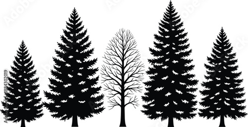 Forest tree silhouette collection featuring evergreen pine and bare deciduous trees illustrating nature woodland landscape in minimal black vector illustration style