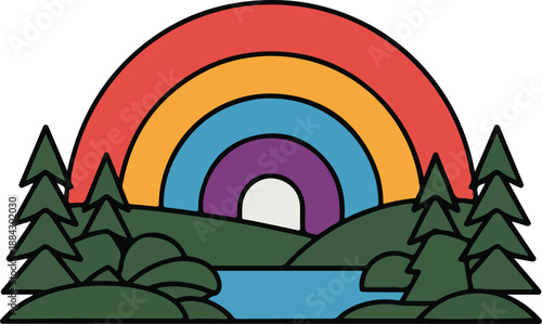 Retro minimalist landscape vector with rainbow over forest and lake