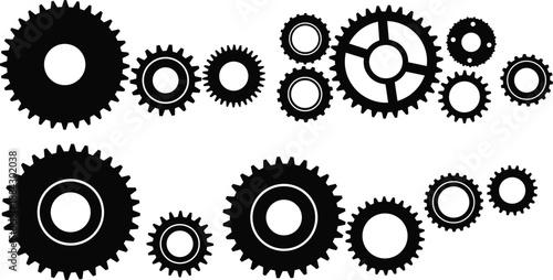 Mechanical gear icon set illustrating industrial machinery engineering process and automation concepts in minimal black vector silhouette style