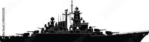 Military warship silhouette illustrating naval battleship power maritime defense and modern navy warfare concept in bold black vector illustration style
