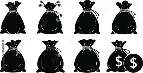 Money bag icon set showing savings wealth finance concepts in minimal black silhouette vector illustration style collection design