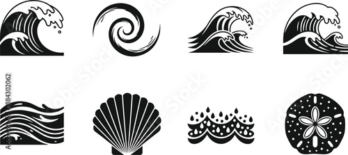 Ocean wave icon set featuring sea swells shells and coastal elements illustrating marine nature themes in bold black vector silhouette style
