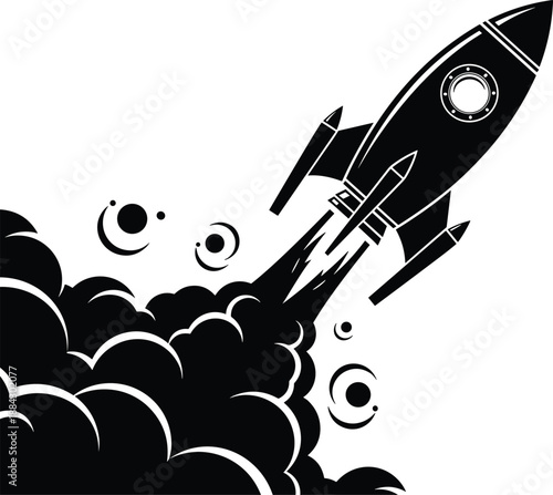 Rocket launch icon illustrating startup growth innovation space exploration and business success concept in bold black vector silhouette style