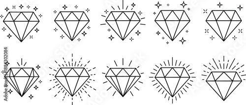 Sparkling diamond outline icon set showcasing luxury gemstone brilliance radiant accents and elegant jewelry design in clean black line vector style