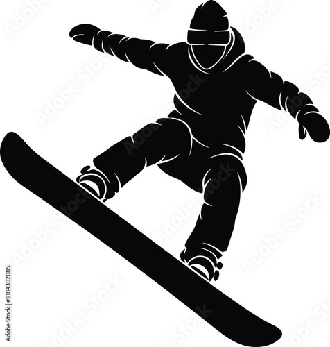 Snowboarder silhouette performing jump illustrating winter sports action extreme freestyle snowboarding in minimal black vector style illustration isolated white background