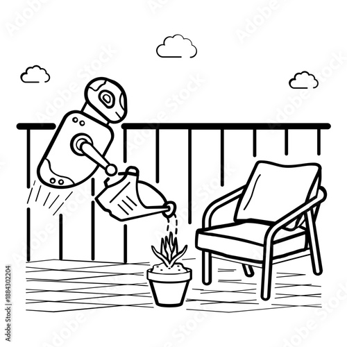 AI Robot Caring for Plants at Home concept, Robotic Help in Smart Living Space vector icon design, Futuristic daily life stock illustration