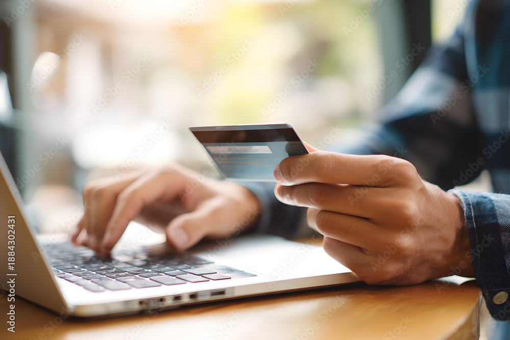 Fototapeta premium Person using laptop and holding credit card while making online transaction at cafe in the afternoon
