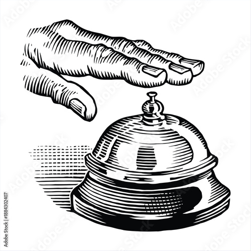 Elegant vintage illustration depicting a human hand poised above a classic service bell, symbolizing a call for assistance, hospitality, or prompt attention in a traditional setting
