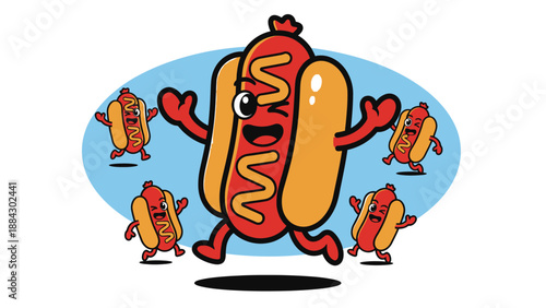 Cartoon Hot Dog Character Dancing Happy.