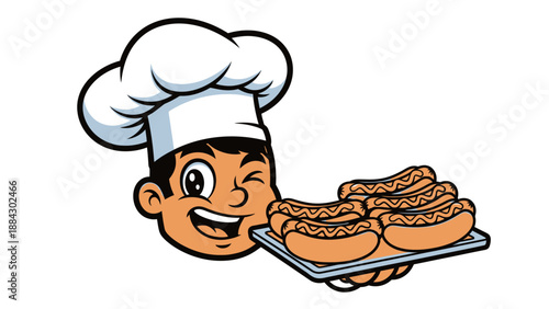 Cartoon chef holding donuts tray.