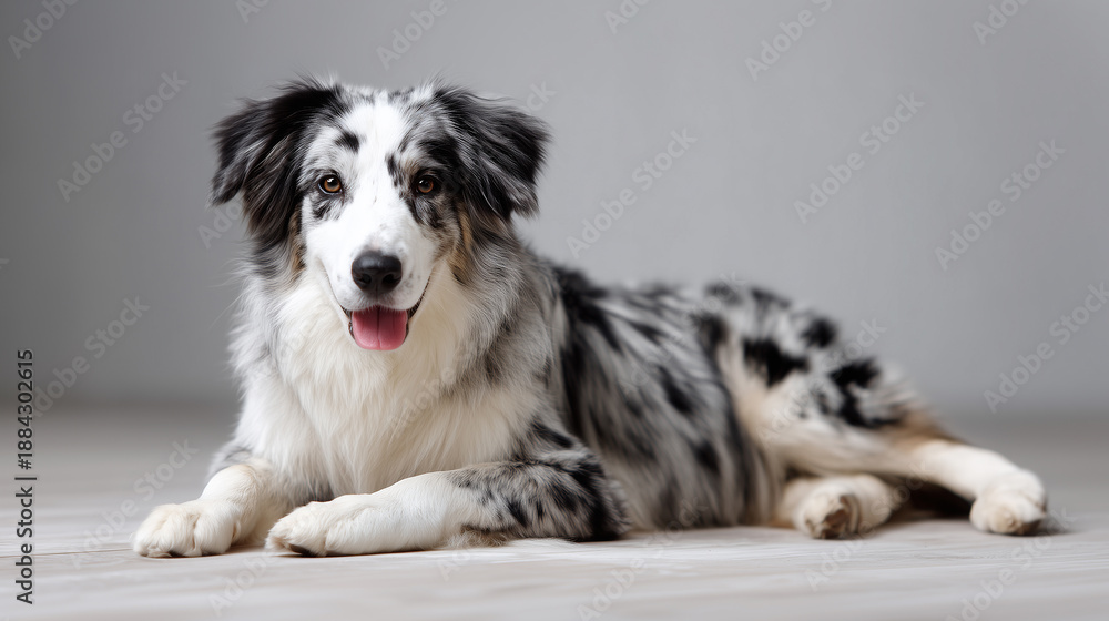 Fototapeta premium Blue merle collie dog lying on a floor and looking at the camera on a neutral background.