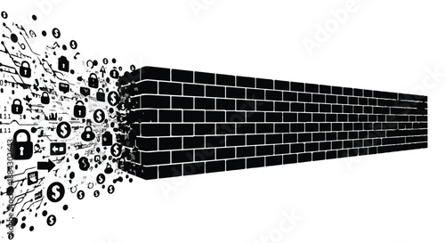 Cyber security breach concept with padlock icons bursting through brick wall