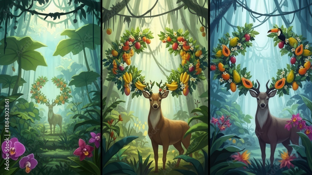 Obraz premium Three Vertical Fantasy Jungle Deer with Fruit and Flower Antlers