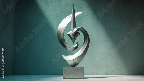 constancy. A sleek modern trophy in the abstract shape of a sword piercing a stylized heart, metallic finish on a simple pedestal. lifestyle magazines.