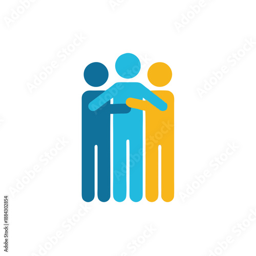 Three stylized human figures in blue and yellow standing together, symbolizing unity and cooperation, in a simple vector illustration, b56.svg reference