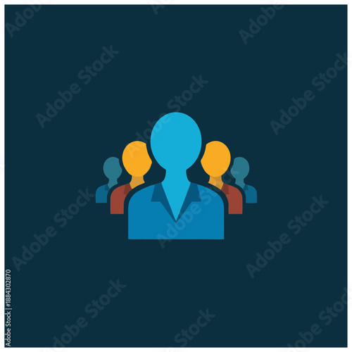 Group of people represented by simple icons in various colors on a dark background, viewed from the front as an illustration