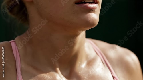 Close-up of a sweaty female tennis athlete's face and chest after an intense match on a sunny day
