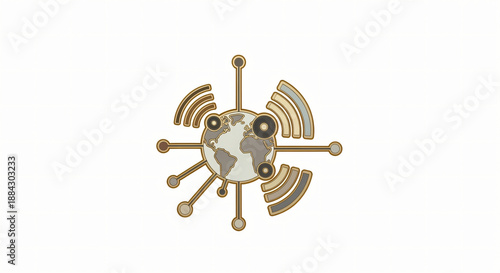 Vector illustration of an old metal key object and a ship captain wheel symbol isolated on a white background representing a business concept for direction and sea navigation