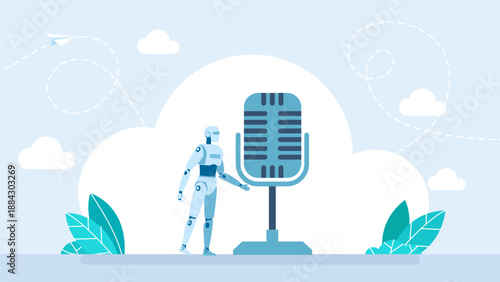 Humanoid robot singing with microphone. Digital Assistant Concept. Virtual Assistant, artificial intelligence, smart technology. Voice assistant. Recording Studio Symbol. Vector illustration