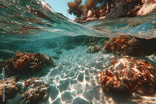 Underwater Coral Reef Scene with Sunlit Crystal Clear Waters for Marine Exploration and Conservation Themes