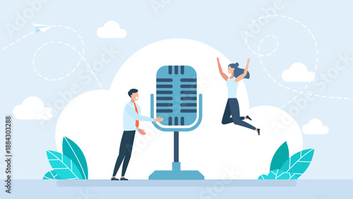A man with a microphone. Live streaming channel podcasting and broadcasting media. Two friends are broadcasting online podcast with happy and fun expression. Vector illustration