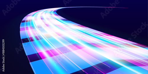 Neon energy curves glide across a dark abstract field. Luminous motion lines create depth, flow, and futuristic mood. Built for modern tech illustrations vector