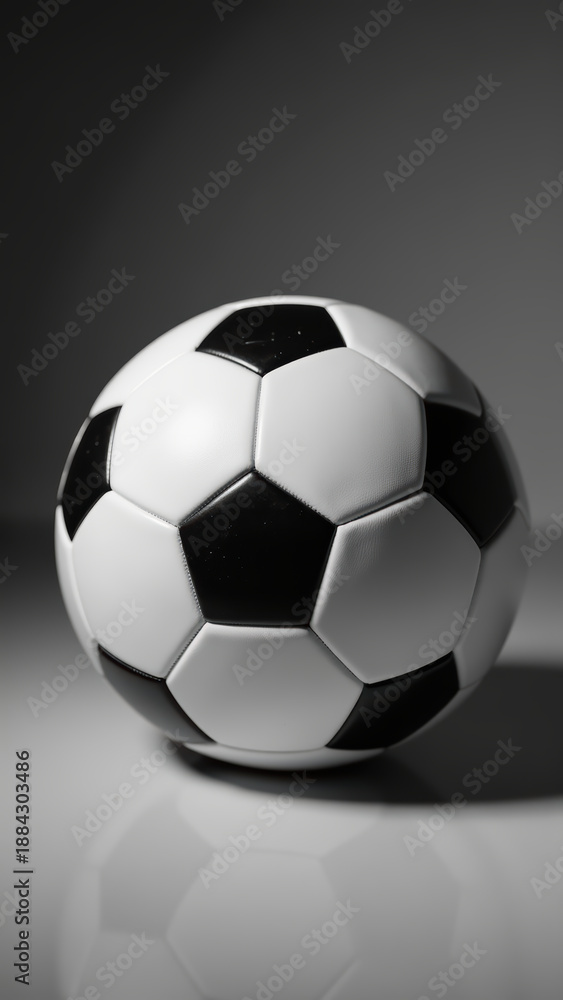 Naklejka premium Classic black and white soccer ball, featuring traditional hexagonal pattern, sits on reflective surface, creating striking visual contrast