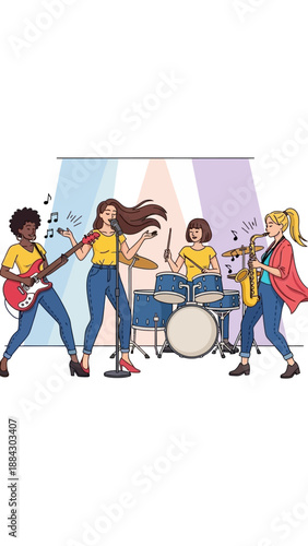Diverse allfemale band performing live on stage with musical instruments.
