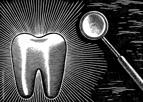 Dental Examination Icon Showing Tooth with Mirror Tool and Sparkle