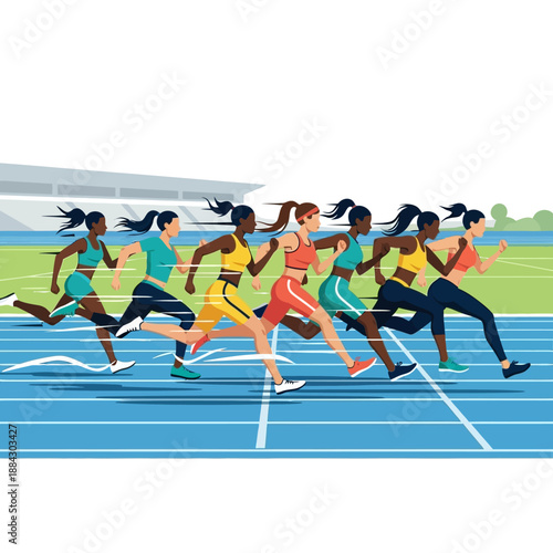Diverse female athletes sprinting on a blue track.