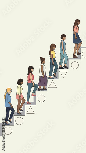 Diverse group of children ascending a staircase symbolizing growth and progress.