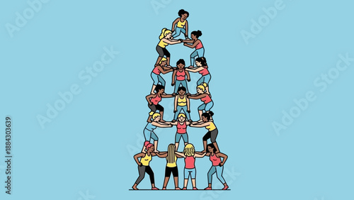 Diverse group of people forming a human pyramid structure.