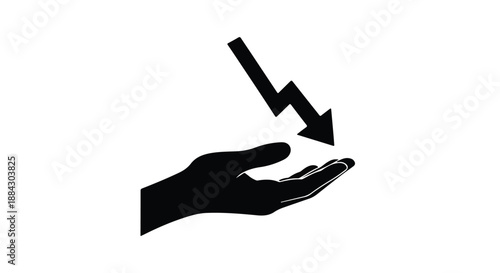 Hand with downward arrow symbol vector illustration, black silhouette on white background, representing decline or decrease concept