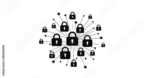 Secure network connection concept with multiple padlocks and lines on white background, symbolizing protection and cybersecurity