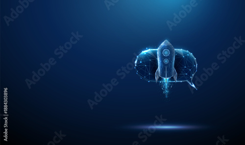 Speech bubble with a rocket icon. AI chatbots, accelerated messaging, rapid customer support, innovation, startup growth, digital transformation concept.