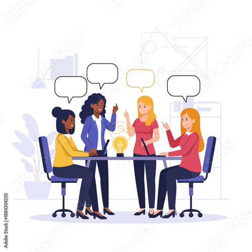 Four diverse businesswomen collaborating and brainstorming during a productive meeting.