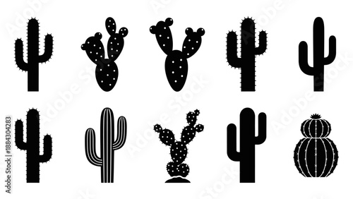 Collection of various black cactus silhouettes in different shapes.