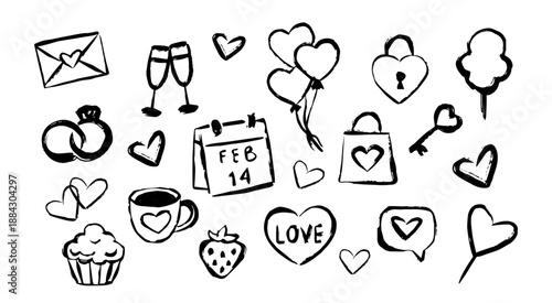 Hand drawn ink Valentines Day doodle icons set with hearts, love symbols, rings, calendar, balloons and romantic elements. Black and white sketch for cards, posters, prints and social media designs