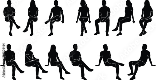 Sitting people silhouette set, male female human poses, black seated figures, isolated white background, vector illustration collection