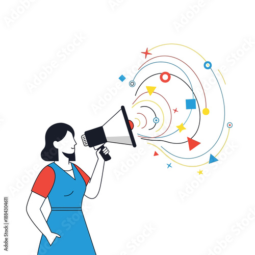 Woman holding a megaphone with abstract shapes and lines emanating from it.