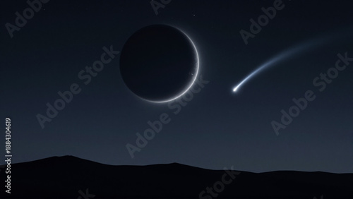 A captivating celestial panorama of a dark, crescent-lit planet and a radiant comet streaking across the vast, tranquil night sky, evoking cosmic wonder