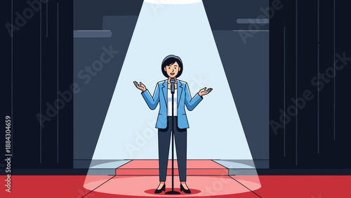 Woman Speaking Confidently on Stage Under Spotlight.