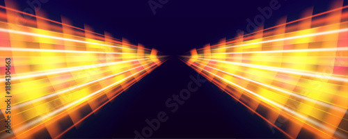 Panoramic high speed technology concept, light abstract background. Image of speed motion on the road. Abstract background in blue and purple neon glow colors.	